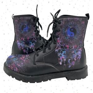 Yin Yang Dreamcatcher Combat Boots Black Blue Faux Leather Festival EU 38 | US 7